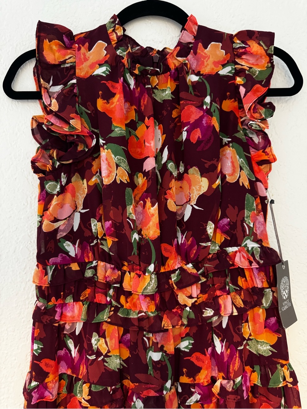 Vince Camuto Chiffon Floral Ruffle Maxi Dress Burgundy NWT Wedding Guest Size - Picture 7 of 11